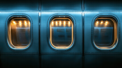 image showcases interior view of aircraft windows, illuminated softly, creating serene atmosphere. sleek design and metallic finish enhance modern aesthetic of air travel