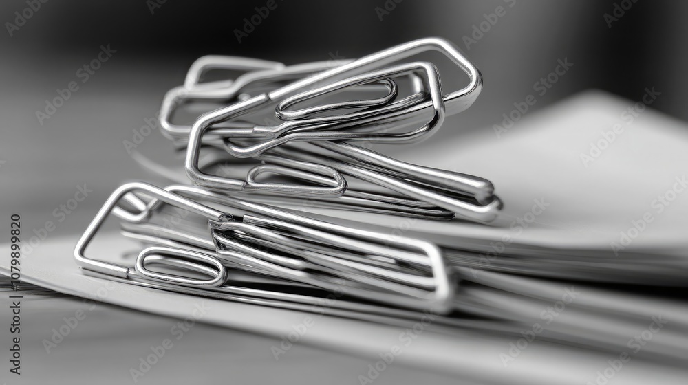 Poster a close-up view of metallic paper clips resting on a stack of unmarked white paper in a soft focus b