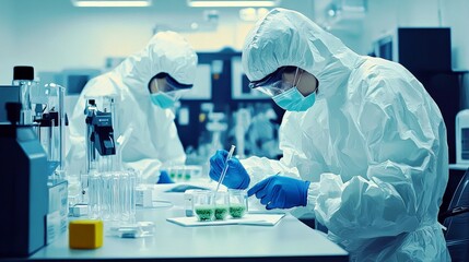 Fototapeta premium Scientists in Protective Gear Conducting Research with Laboratory Samples in a Modern Biotech Facility Focusing on Environmental or Health Sciences