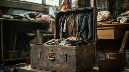 An old wooden chest filled with clothes and other items sits in a cluttered workshop.