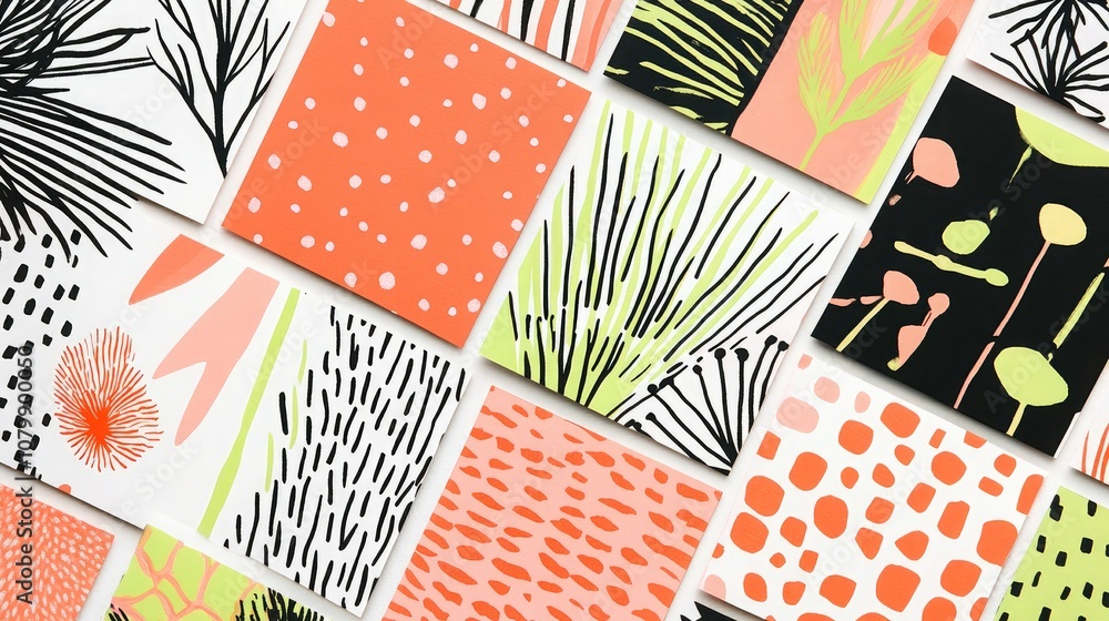 Poster vibrant abstract patterns featuring bold colors and diverse textures ideal for modern design and con