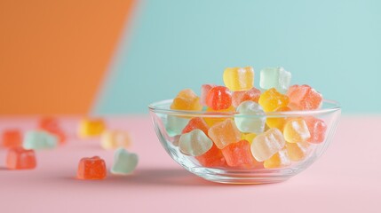 Colorful gummy candies in a glass bowl on pastel background, showcasing delightful textures and vibrant hues ideal for sweet treat or dessert imagery