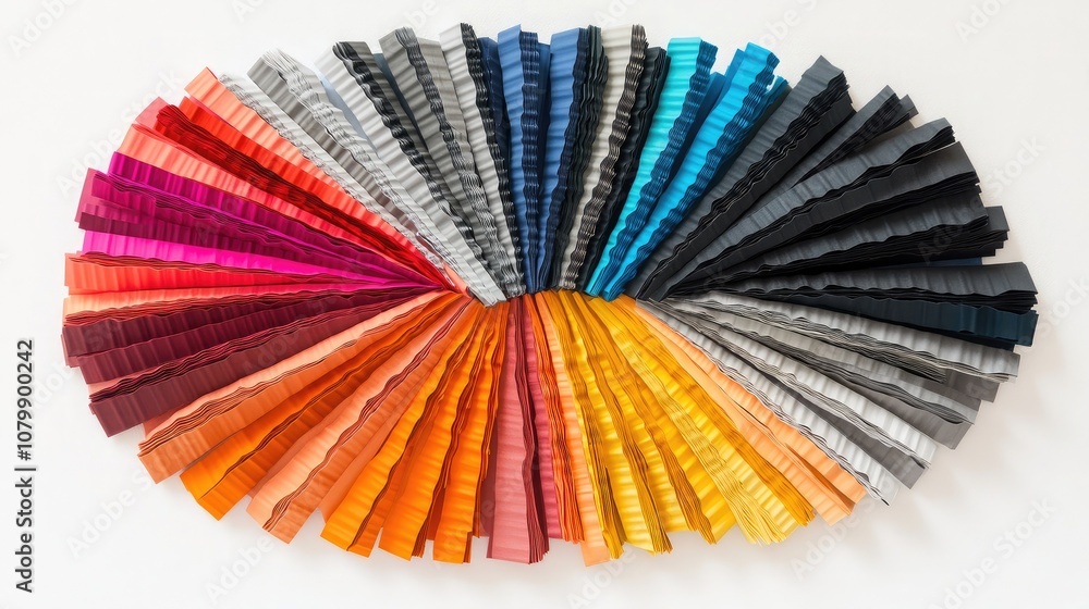 Poster vibrant collection of textured ribbons in various colors arranged in a fan shape on a white backgrou