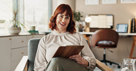 Woman, therapist portrait and clipboard for counselling, help and checklist for support in office....
