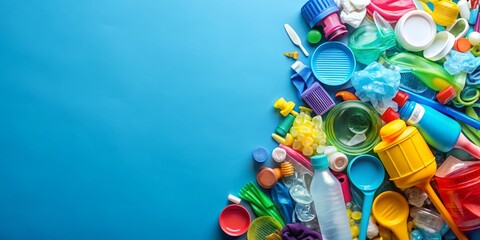 A Vibrant Display of Colorful Plastic Waste Against a Blue Background, Exposing the Urgent Need to Address Environmental Pollution and Its Impact on Our Planet