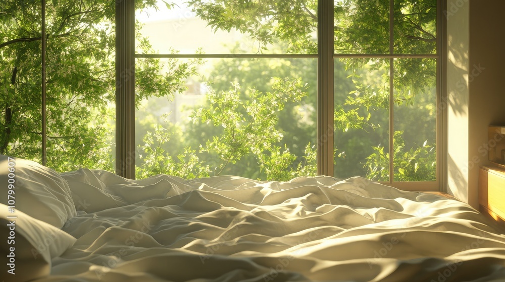 Poster serene bedroom with sunlight streaming through large windows surrounded by lush greenery, creating a