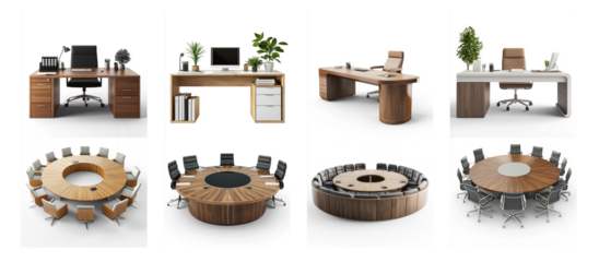 Collection of Modern office desk and Round conference table isolated on transparent background