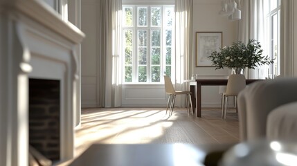 Sunlit Living Room with Fireplace and Dining Table
