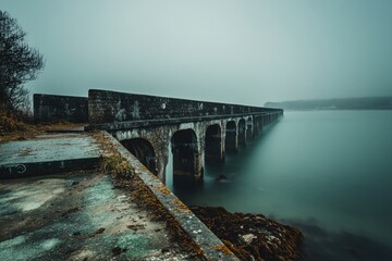 Obraz premium An old stone bridge extends into the mist over calm water.
