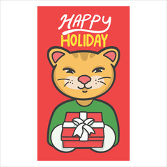 Happy Holiday Cat holding a Present Sticker Vector Cute Illustration