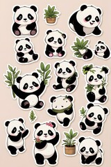 Adorable Panda Stickers: Cute Cartoon Illustrations of Pandas in Various Poses, Holding Bamboo, Flowers, and Plants