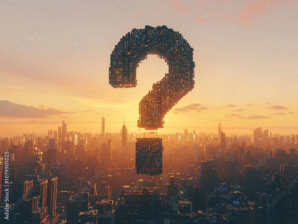 Aufkleber futuristic cityscape with hovering metallic question mark symbolizing urban development and real est