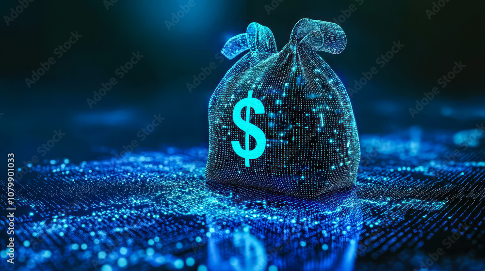 Poster digital money bag with dollar sign and binary code for ai financial services and fraud detection