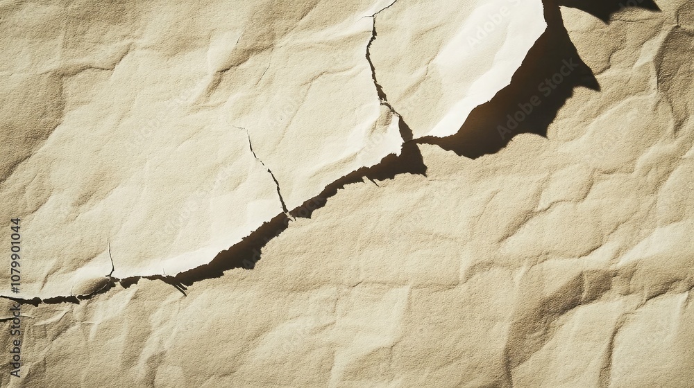 Poster textured background of cracked paper with natural light casting shadows on an aged surface, ideal fo
