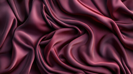 Fototapeta premium Luxurious dark red silk fabric draped elegantly, showcasing smooth, flowing textures and rich color. Perfect for backgrounds or textile designs