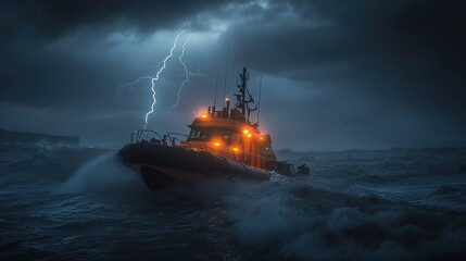 Fototapeta premium Tugboat Navigating Stormy Seas with Lightning Strikes