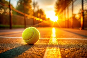 Aerial Close-Up of a Tennis Ball on Court at Golden Hour – Warm Hues of Sunset Light Enhancing the Vibrant Colors of the Tennis Ball and Court Surface in a Serene Landscape View