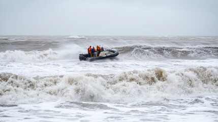 Rescue Boat Navigates Rough Seas During Stormy Weather