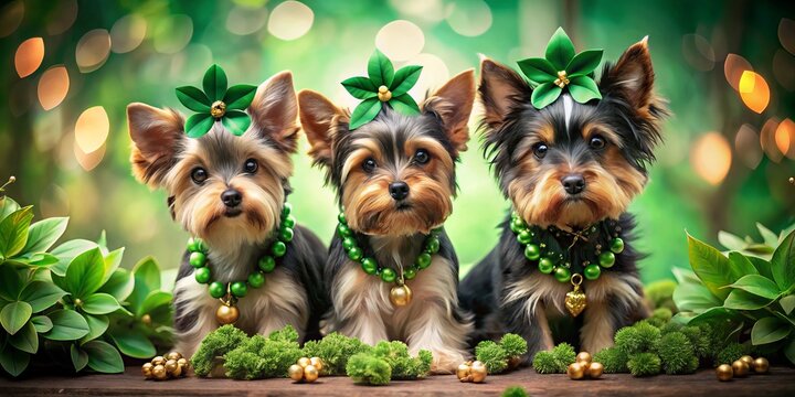 Adorable Yorkshire Terrier Puppies Celebrating St. Patrick's Day with Green Accessories and Shamrocks in a Lush Outdoor Setting with a Vibrant and Cheerful Atmosphere - Powered by Adobe