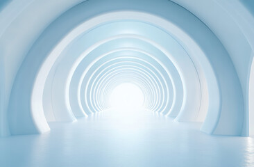 serene and futuristic interior featuring series of smooth, rounded arches leading to bright light. soft blue tones create calming atmosphere, perfect for modern design concepts