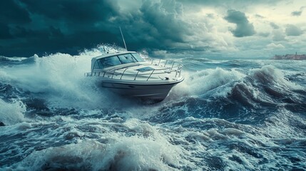 Boat Navigating Rough Seas Under Dramatic Sky