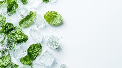 Obraz premium 21.A crisp, refreshing image of vibrant green peppermint leaves placed alongside glistening ice cubes, set against a pure white background. The sharp edges of the ice contrast with the soft, delicate