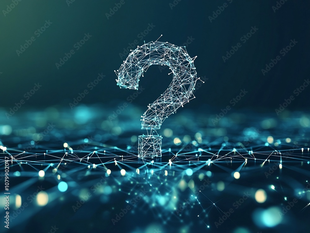 Poster interconnected question mark network representing the complexity of market analysis and big data