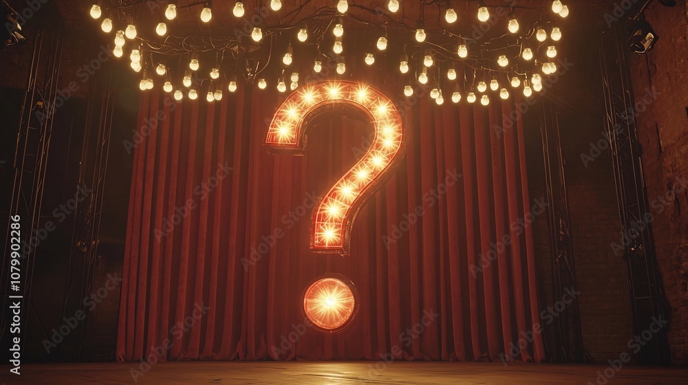 Poster illuminated question mark hanging above theater stage representing dramatic unpredictability in busi