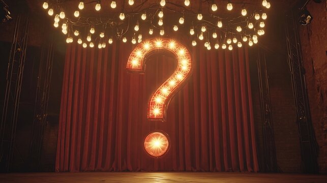 Illuminated Question Mark Hanging Above Theater Stage Representing Dramatic Unpredictability in Business Presentations and Pitches