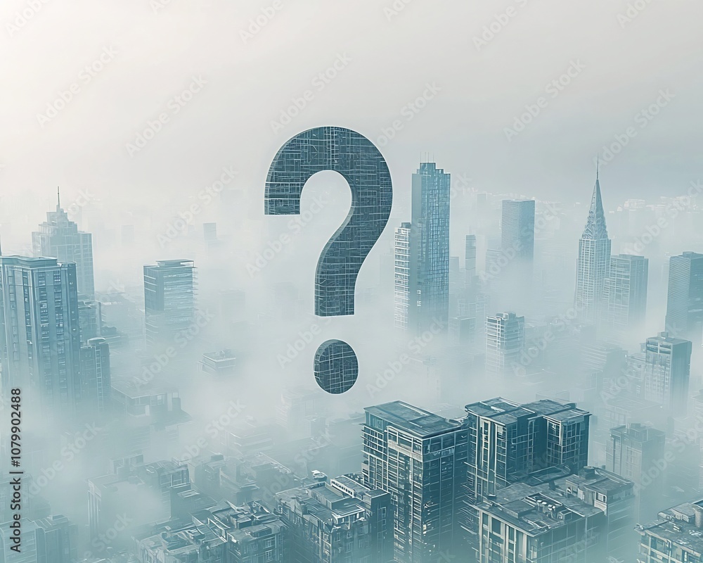 Poster mysterious cityscape and question mark symbolizing uncertainty in global business