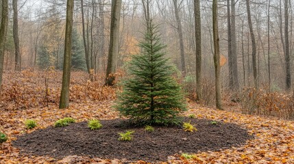 Fototapeta premium Evergreen Tree Amidst Autumn Landscape with Foliage and Mist in a Quiet Forest Setting, Highlighting Nature’s Beauty and Tranquility in a Scenic Viewpoint