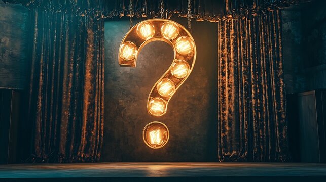 Illuminating Question Mark Above Theater Stage Represents Unpredictability in Business Presentations and Pitches