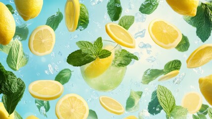 57.An energetic scene of mint leaves and lemon halves flying through the air, isolated against a soft blue background. The bright green of the mint and the vibrant yellow of the lemons create a