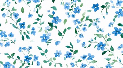 78.A vintage-inspired floral pattern with small hand-drawn blue wildflowers scattered across a white background. The delicate blooms are complemented by soft, flowing green leaves, creating a