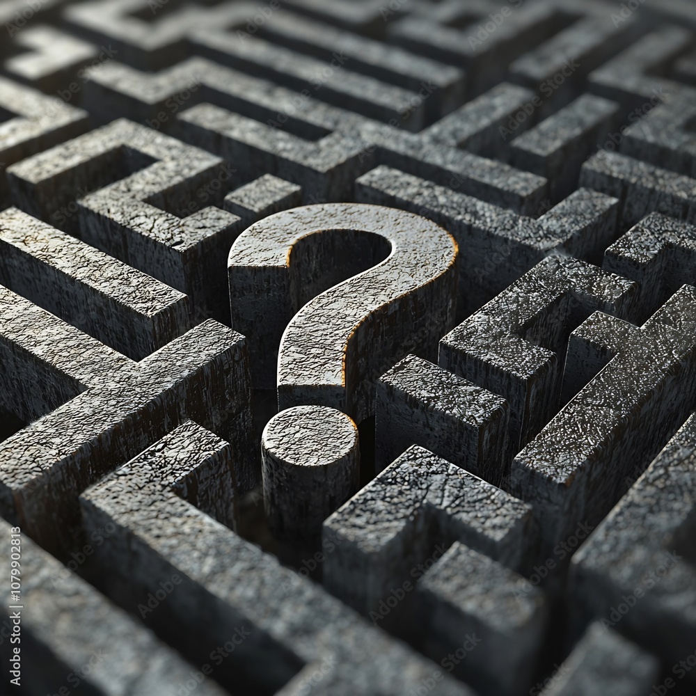 Aufkleber challenging maze of arrows surrounding a question mark representing decisions in business expansion