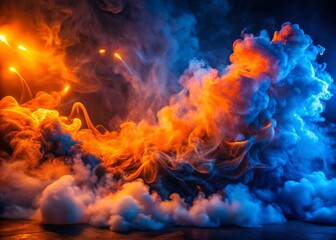 Fototapeta premium Bold Orange Neon Lights Illuminating Rich Navy Blue Smoke for a Striking Deep Stage Backdrop, Perfect for Concerts, Events, and Artistic Performances