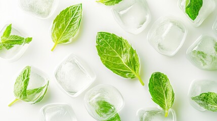 Obraz premium 22.A fresh top-down view of bright green peppermint leaves resting on smooth, clear ice cubes. The leaves' natural veins and the transparency of the ice create a striking contrast against the white