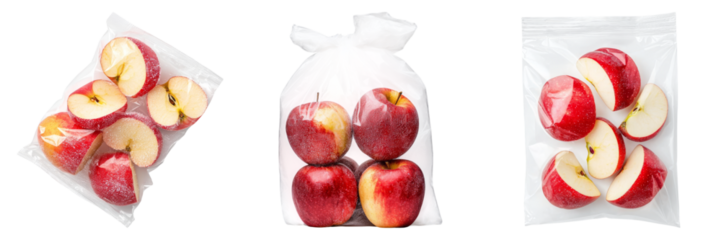 A set of frozen food is ready to eat. Sliced red apples in various packaging styles, highlighting freshness and convenience for snacking or cooking.