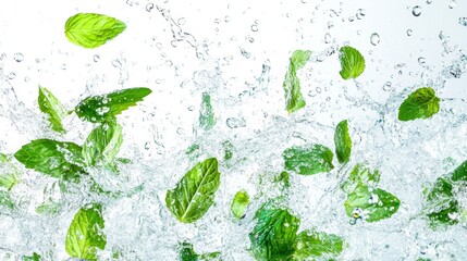 51.Fresh green mint leaves appear to float in mid-air, surrounded by crystal-clear splashes of water, frozen in motion. The droplets sparkle against a white background, highlighting the vibrancy and