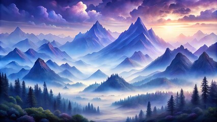 A Misty Sunrise Illuminates a Majestic Mountain Range, Where Peaks Pierce Through a Veil of Clouds