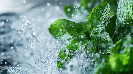 51.Fresh green mint leaves appear to float in mid-air, surrounded by crystal-clear splashes of water, frozen in motion. The droplets sparkle against a white background, highlighting the vibrancy and