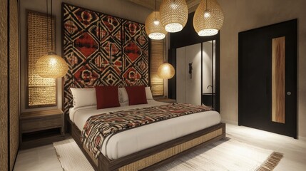 Modern Bedroom Design with Stylish Rattan Accents, Decorative Wall Art, Cozy Lighting, Textured Bedding, and a Calm Ambiance for Relaxation