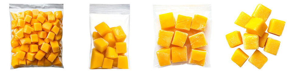 A set of frozen food is ready to eat. Diced mango cubes displayed in various packaging options, showcasing vibrant yellow colors and fresh appearance.