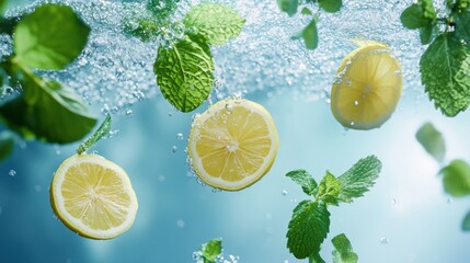 58.Mint leaves and lemon halves appear to be floating weightlessly against a clean blue background. The fresh green of the mint and the bright yellow lemons are illuminated by soft light, creating a