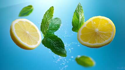 56.Fresh mint leaves and two bright lemon halves appear to float against a vivid blue background, creating a vibrant and refreshing composition. The mint leaves seem to flutter through the air, while