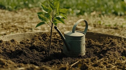 Watering Can Next to Young Tree in Garden Soil Symbolizing Growth and Nurturing Nature for Sustainable Living and Environmental Care