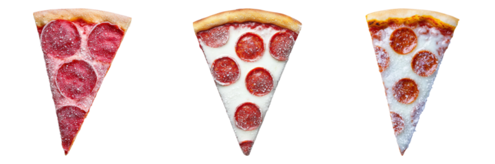 A set of frozen food is ready to eat. Three slices of pepperoni pizza arranged in a row, showcasing distinct toppings and crust in a visually appealing manner.