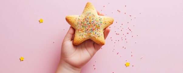Hand of Kid holding Star shaped cookies on pink background,Valentine's Day,National Cookie Day,Month concept,banner, placard, card, and poster design template with text inscription.