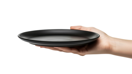 Hand holding an empty black plate on white transparent background
