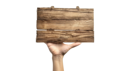 Human hand holding blank demonstration wooden sign on white transparent background
